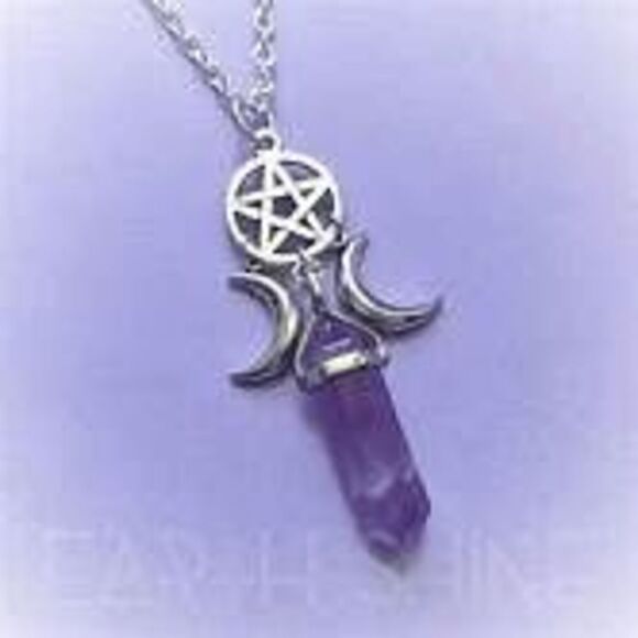 Triple Goddess Crystal Pentacle Moon Natural Amethyst Pendant Necklace - Picture 2 of 3